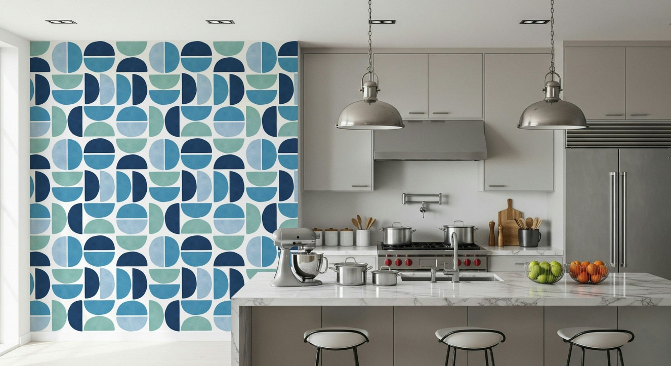 Ocean Echoes wall mural, soothing aqua tones, calming geometry.