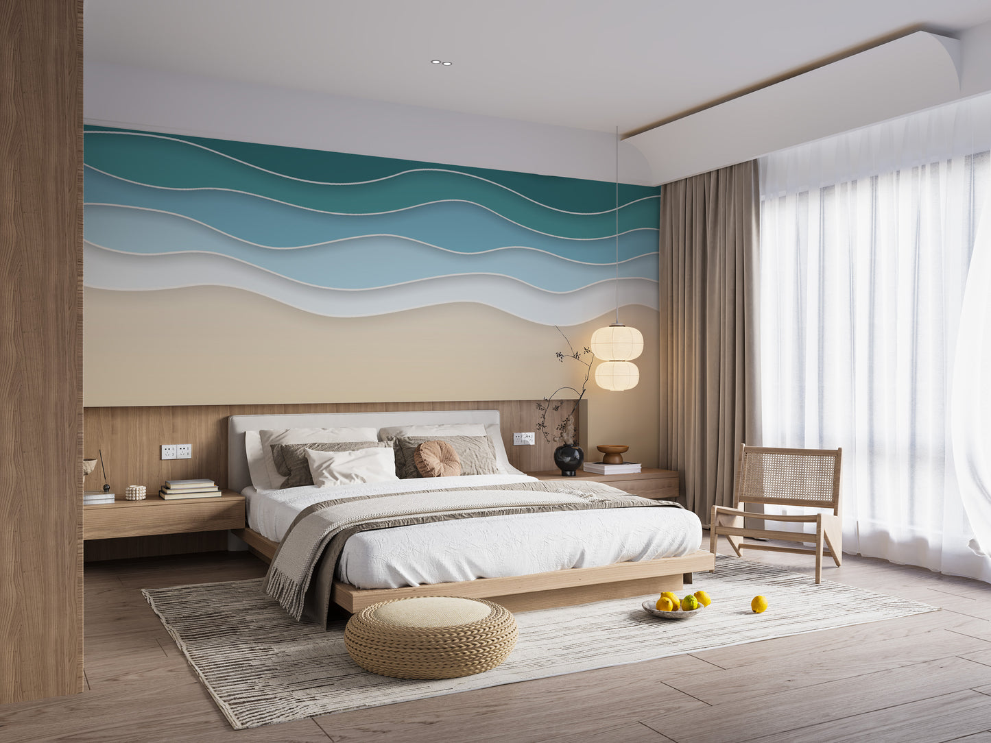 Layered ocean waves mural for peaceful interiors