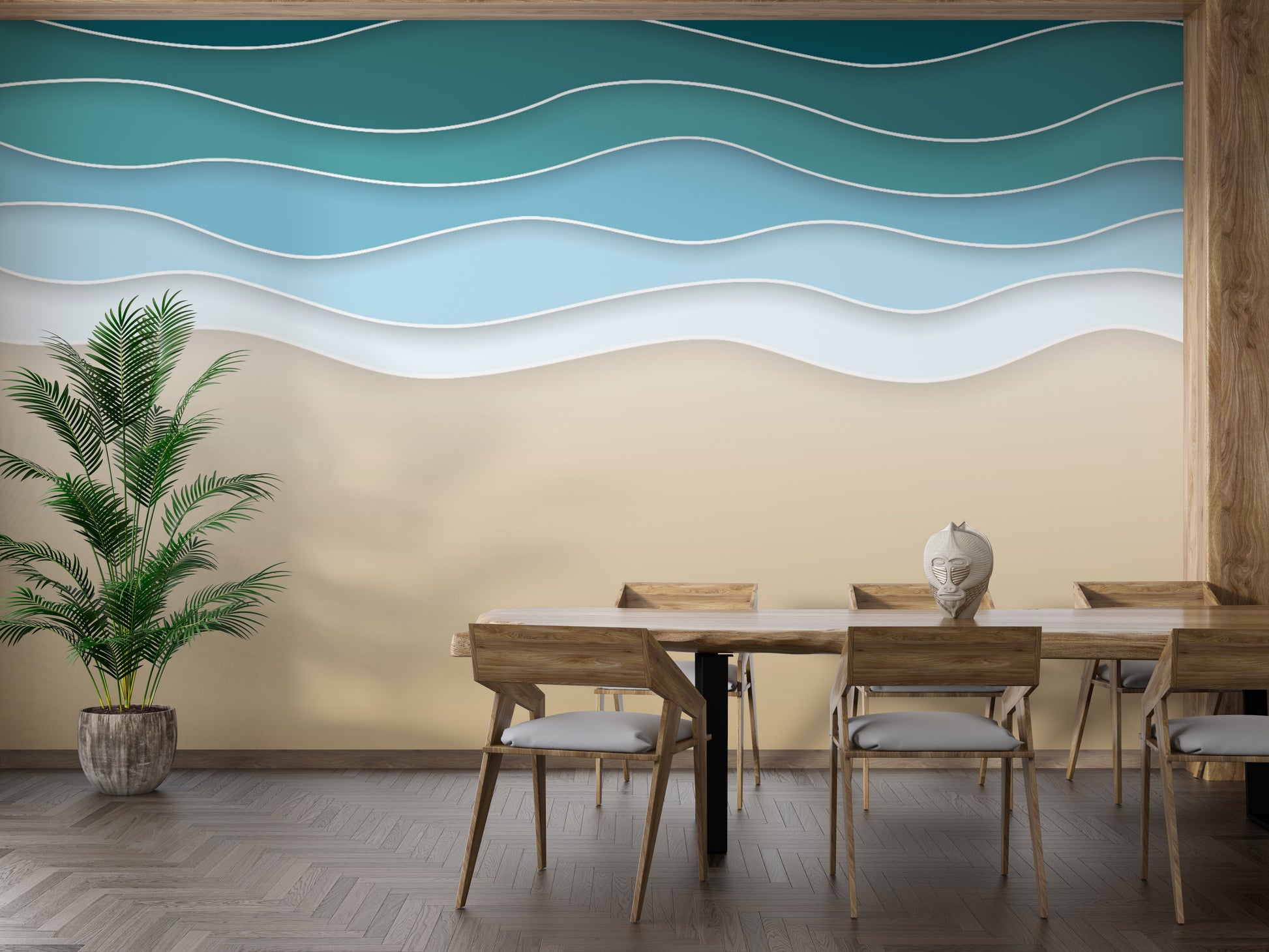 Modern ocean embrace mural with layered wave art