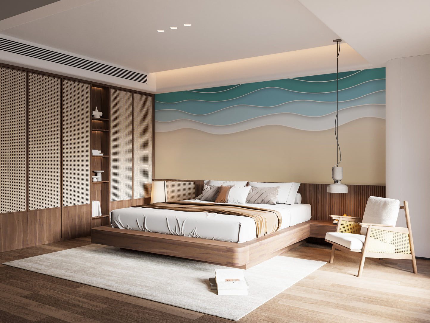 Coastal wall mural with tranquil layered waves.