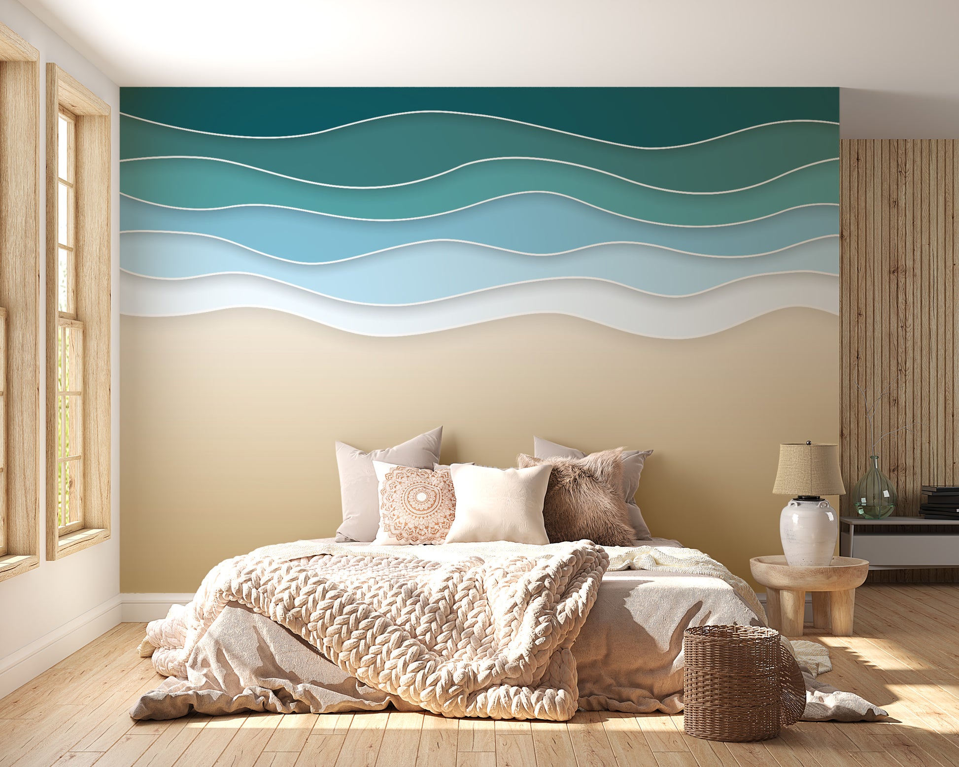 Calming ocean wave mural with artistic layering.