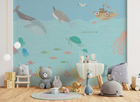 Underwater kids room mural with dolphins and turtles, clean white wall styling, feature wall use