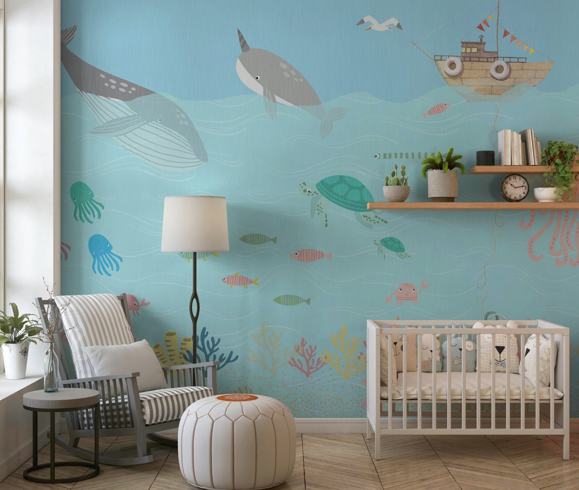Ocean-themed wall decor for apartment nursery, friendly sea creatures, calming blue color background
