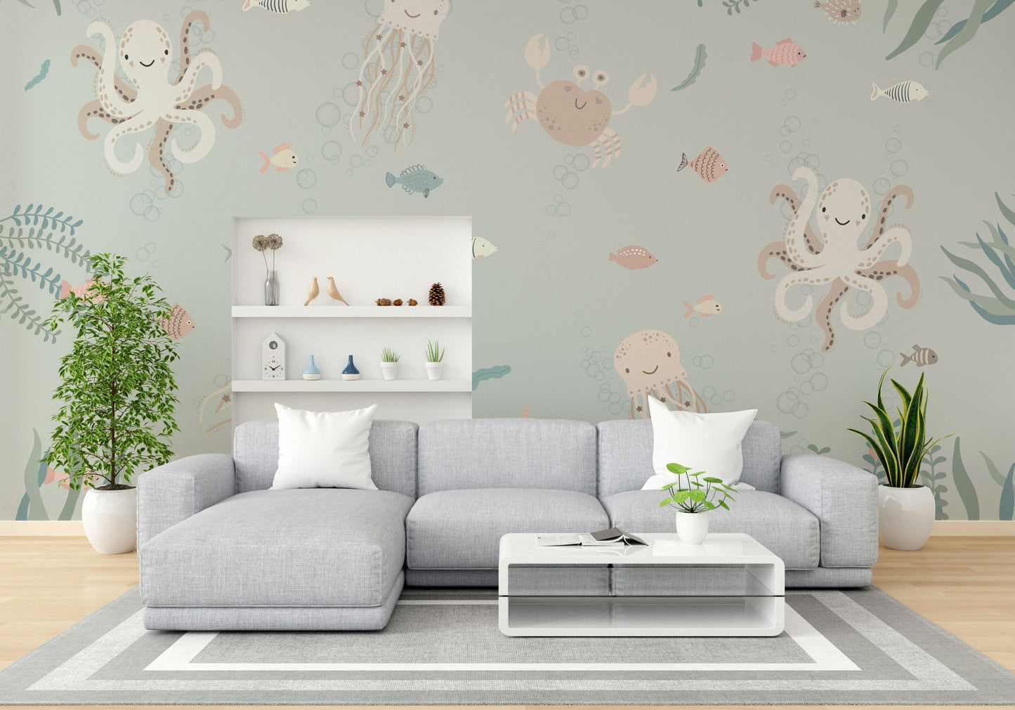 The colors are soft and gentle, with pale blues, greens, and pinks.

