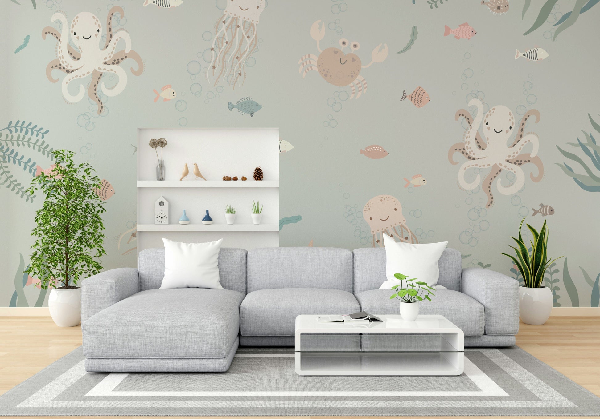 The colors are soft and gentle, with pale blues, greens, and pinks.

