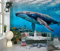 Detailed underwater scene wall decor for a child's playroom area.