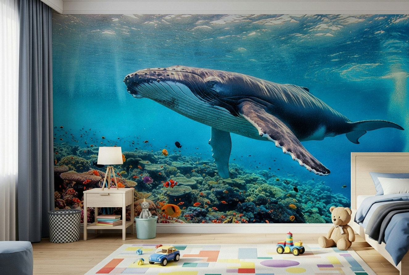 Calm ocean waves and whales for a modern nursery wall decor setup.