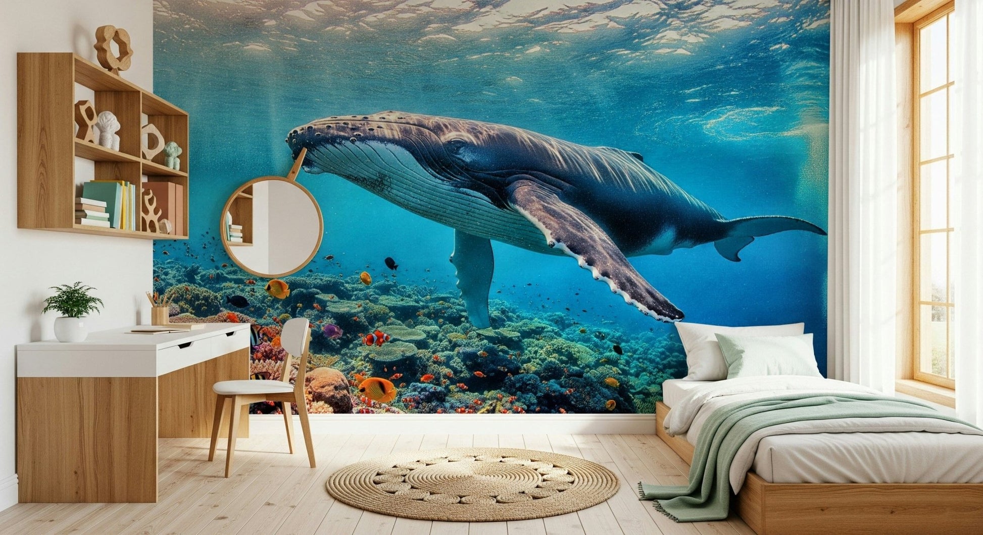Ocean Giant's Realm Wall Mural with sunbeams in an apartment hallway.