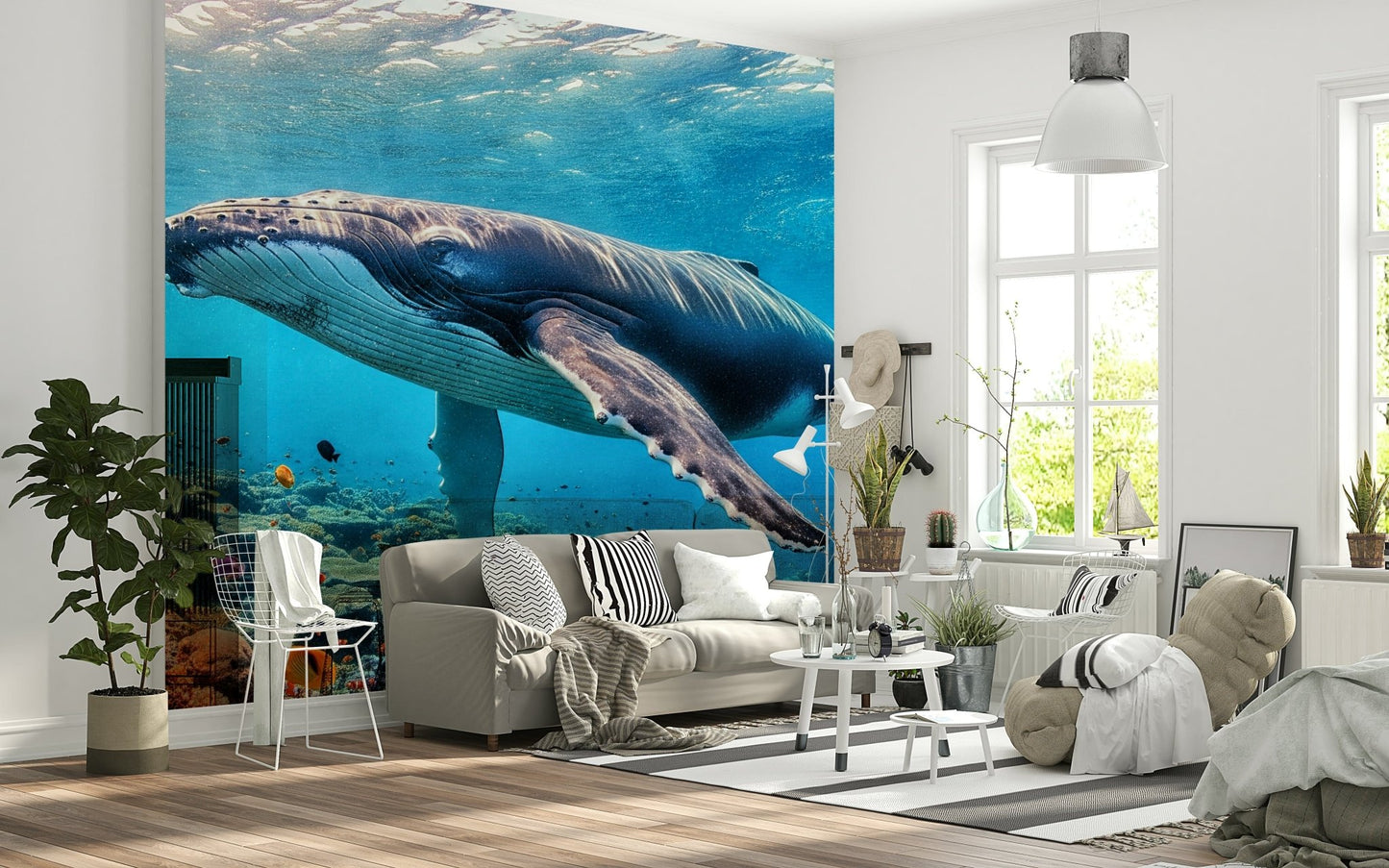 Muted blue tones of a deep sea mural for an entryway background.