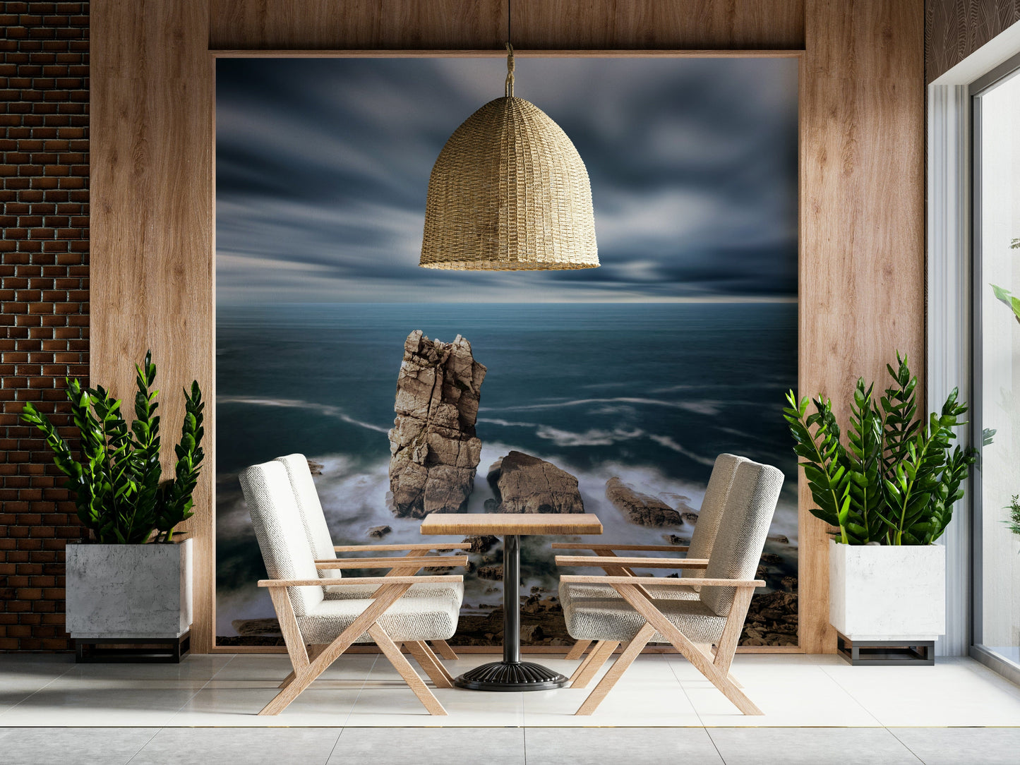 Shoreline wallpaper in reading nook, calm surf and sand tones backdrop