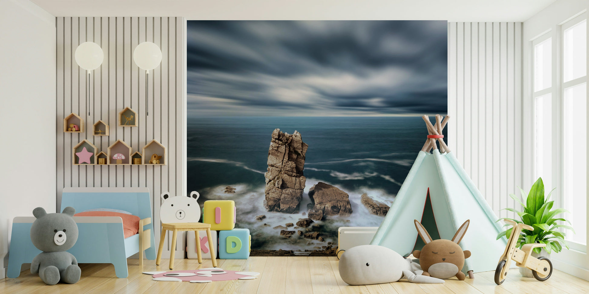 Shoreline wave mural in home office, clean coastal backdrop in blue and white