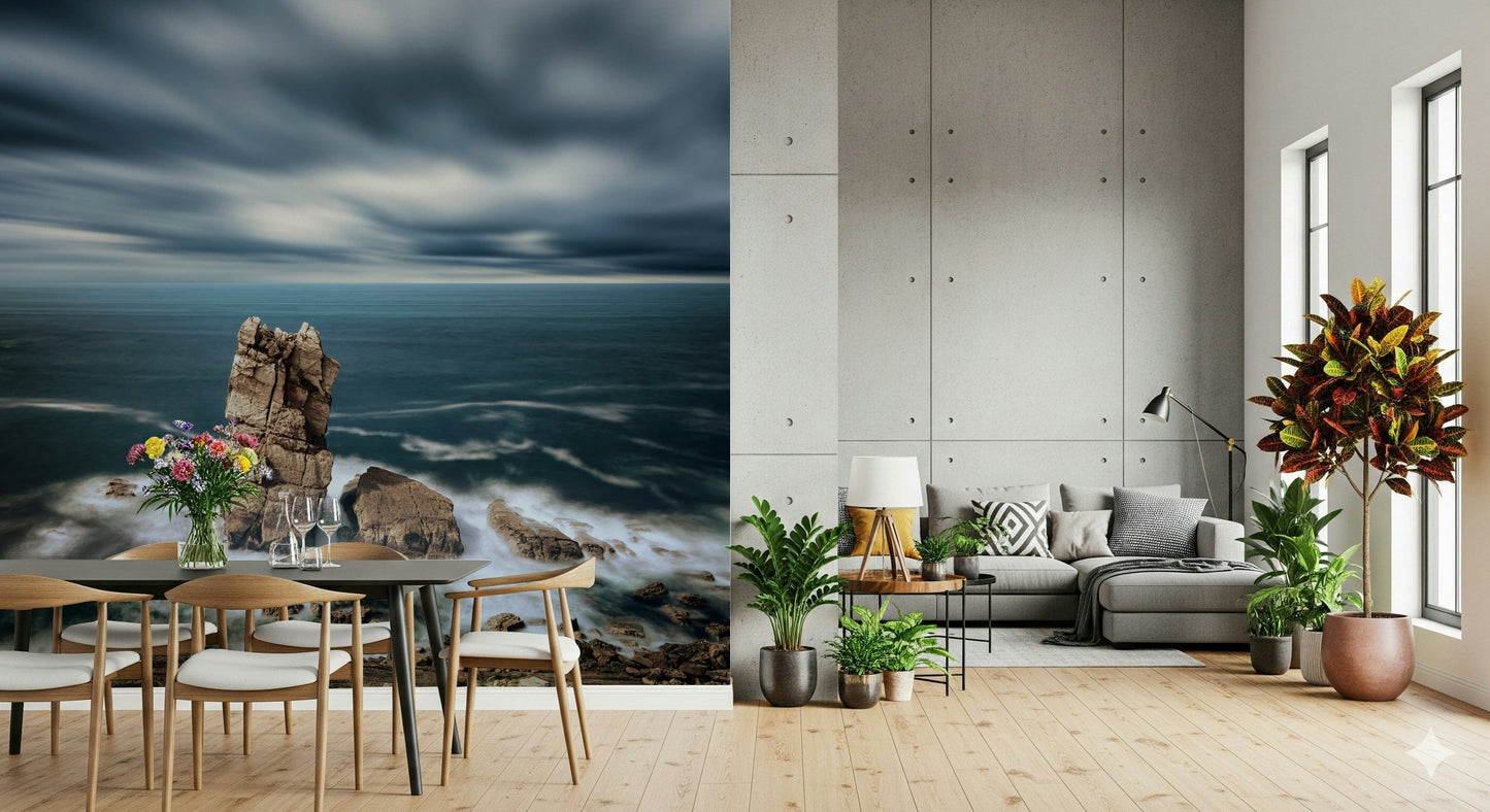 Coastal shoreline mural behind beige sofa, modern apartment wall decor backdrop