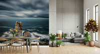 Coastal shoreline mural behind beige sofa, modern apartment wall decor backdrop