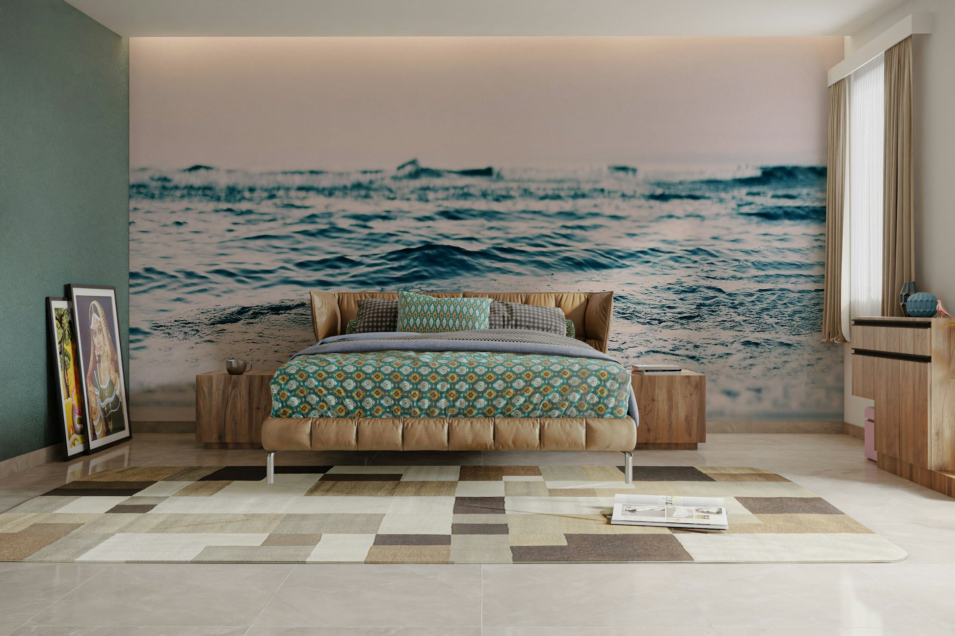Ocean wave mural in soothing blush shades

