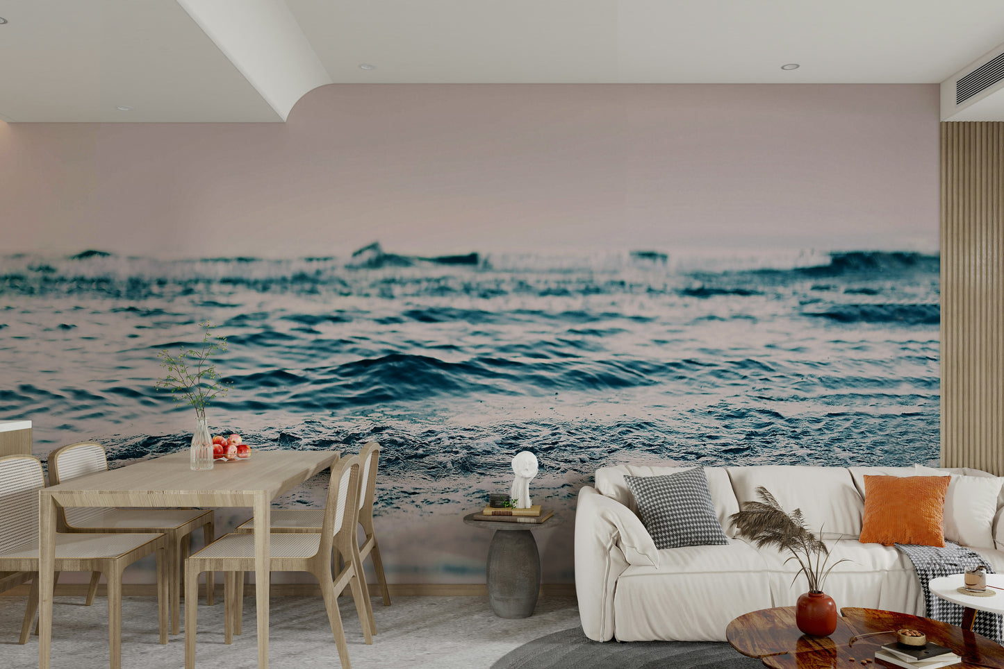 Calming blush tones in ocean wave wall mural

