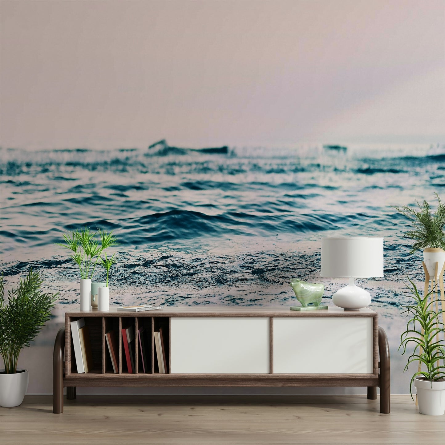 Tranquil ocean wave mural in blush tones

