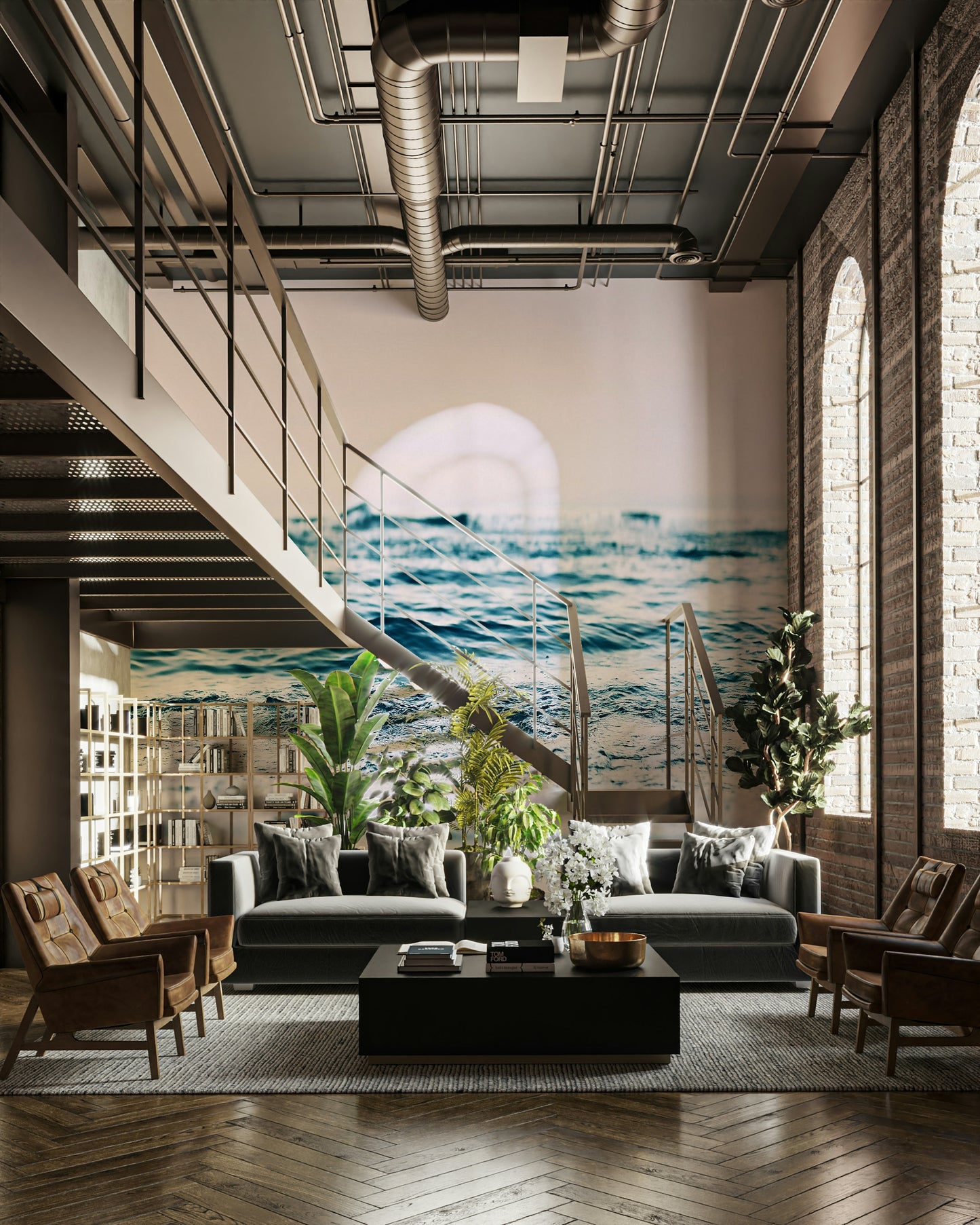 Soft blush ocean wave mural for calming spaces

