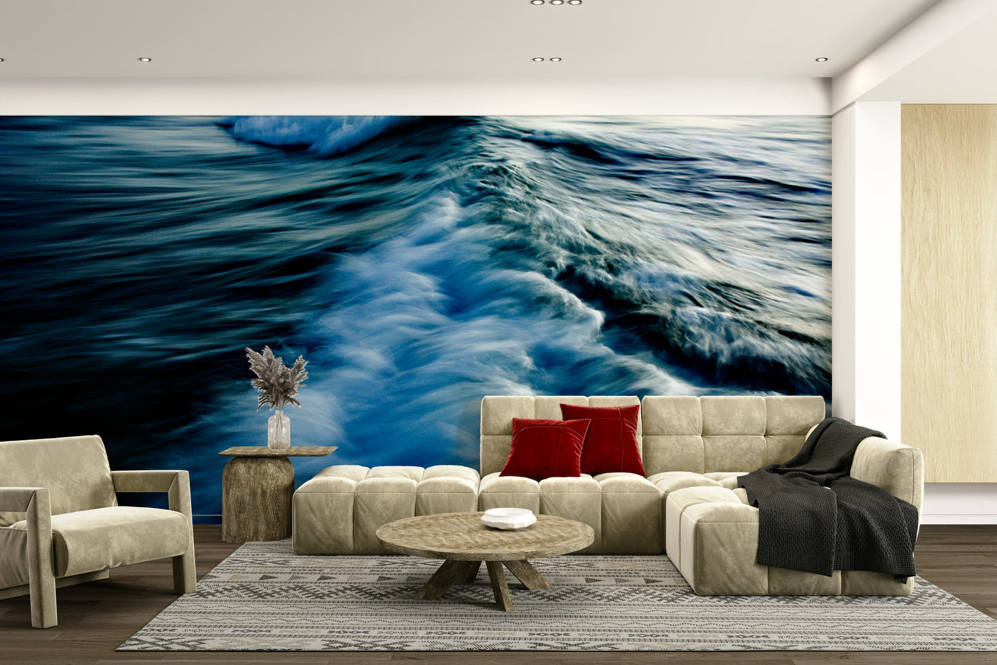 A peaceful open ocean mural on decorative wallpaper.

