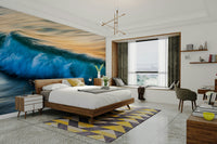 An artistic coastal scene mural on minimalist wallpaper.

