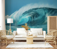 Ocean wave mural in home office, clean coastal backdrop for work zone