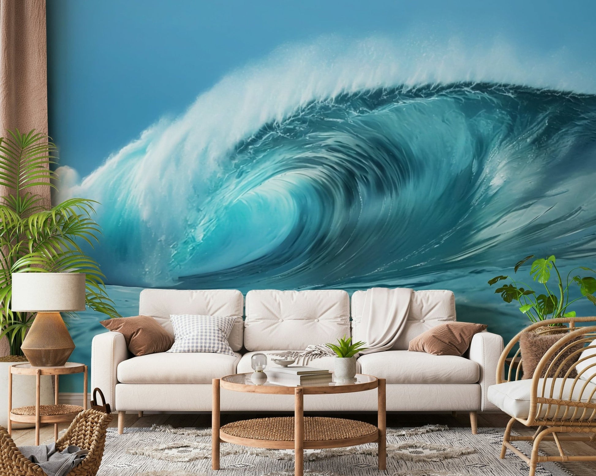 Gentle ocean wave mural for nursery, soft sea colours and calm scene