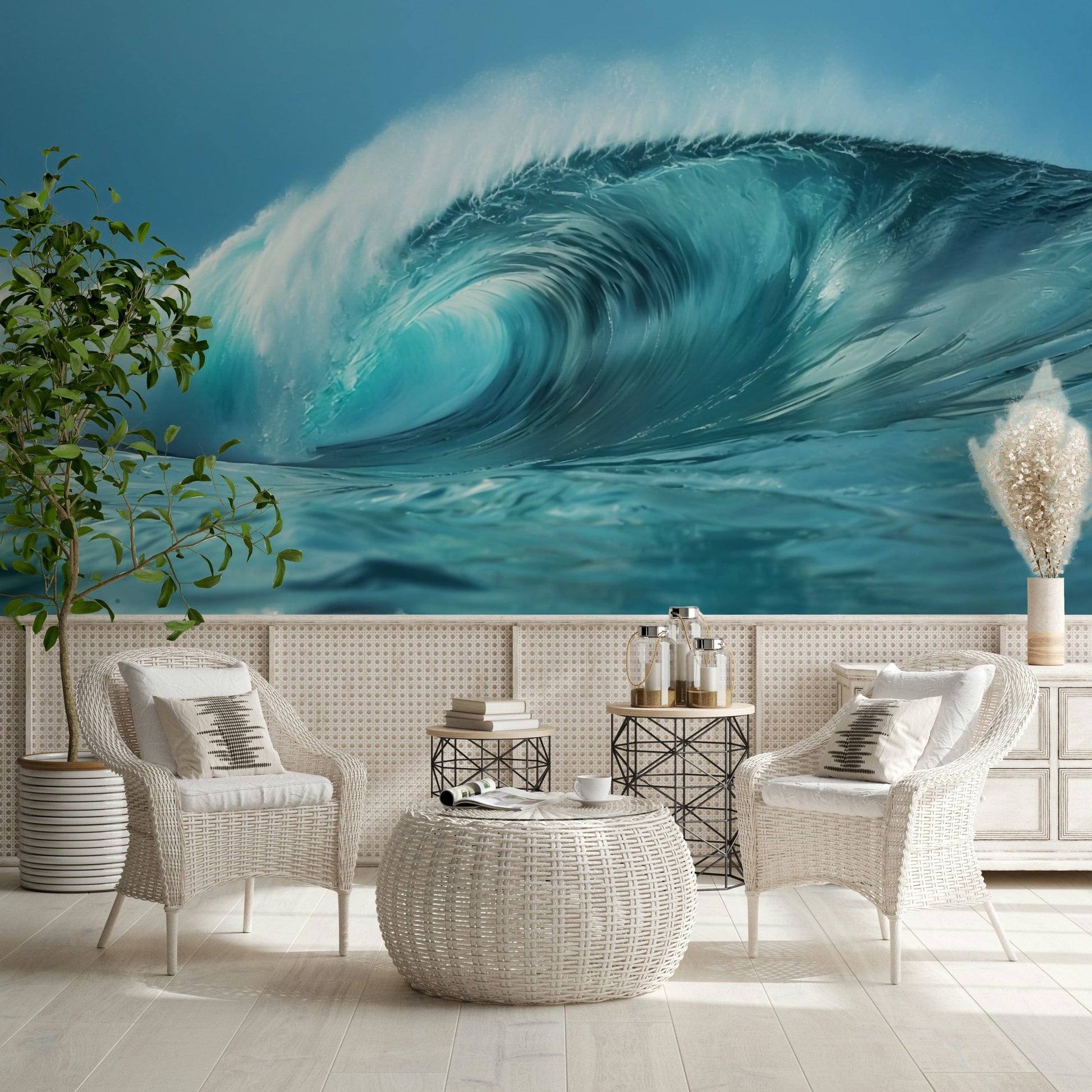 Ocean wave feature wall in reading nook, relaxed home styling look