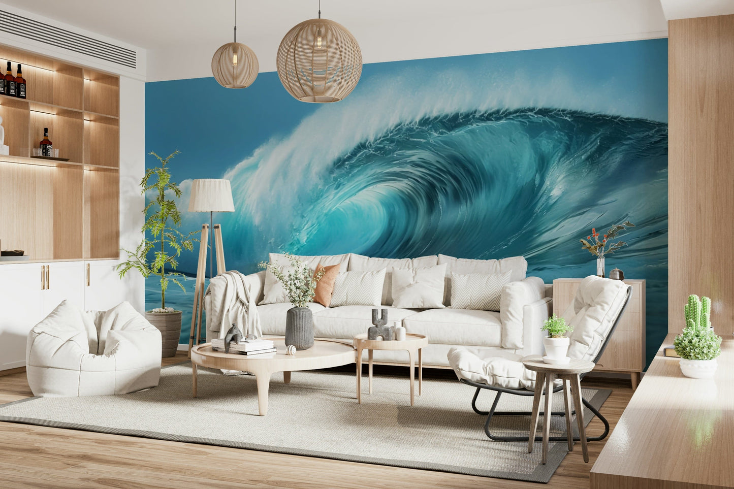 Wave seascape wall mural in dining area, simple coastal home styling