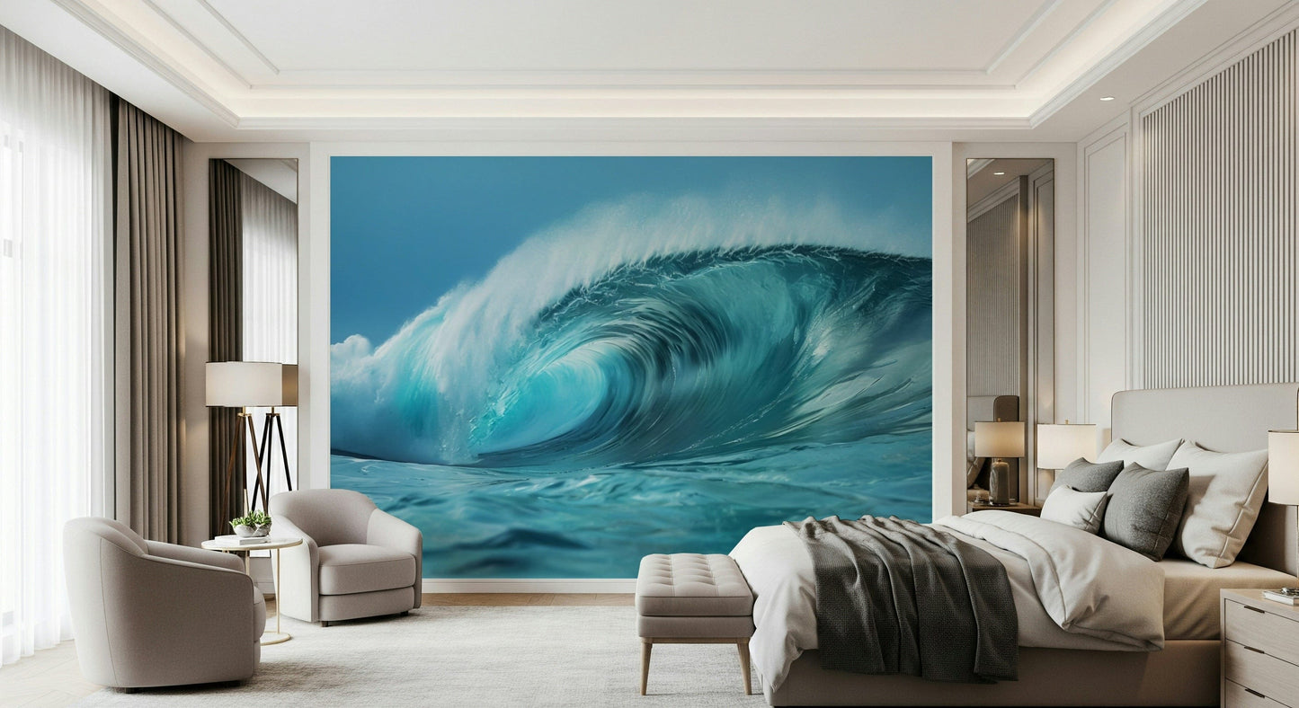 Ocean Wave Serenity Wall Mural behind grey couch, modern living space look