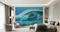 Ocean Wave Serenity Wall Mural behind grey couch, modern living space look