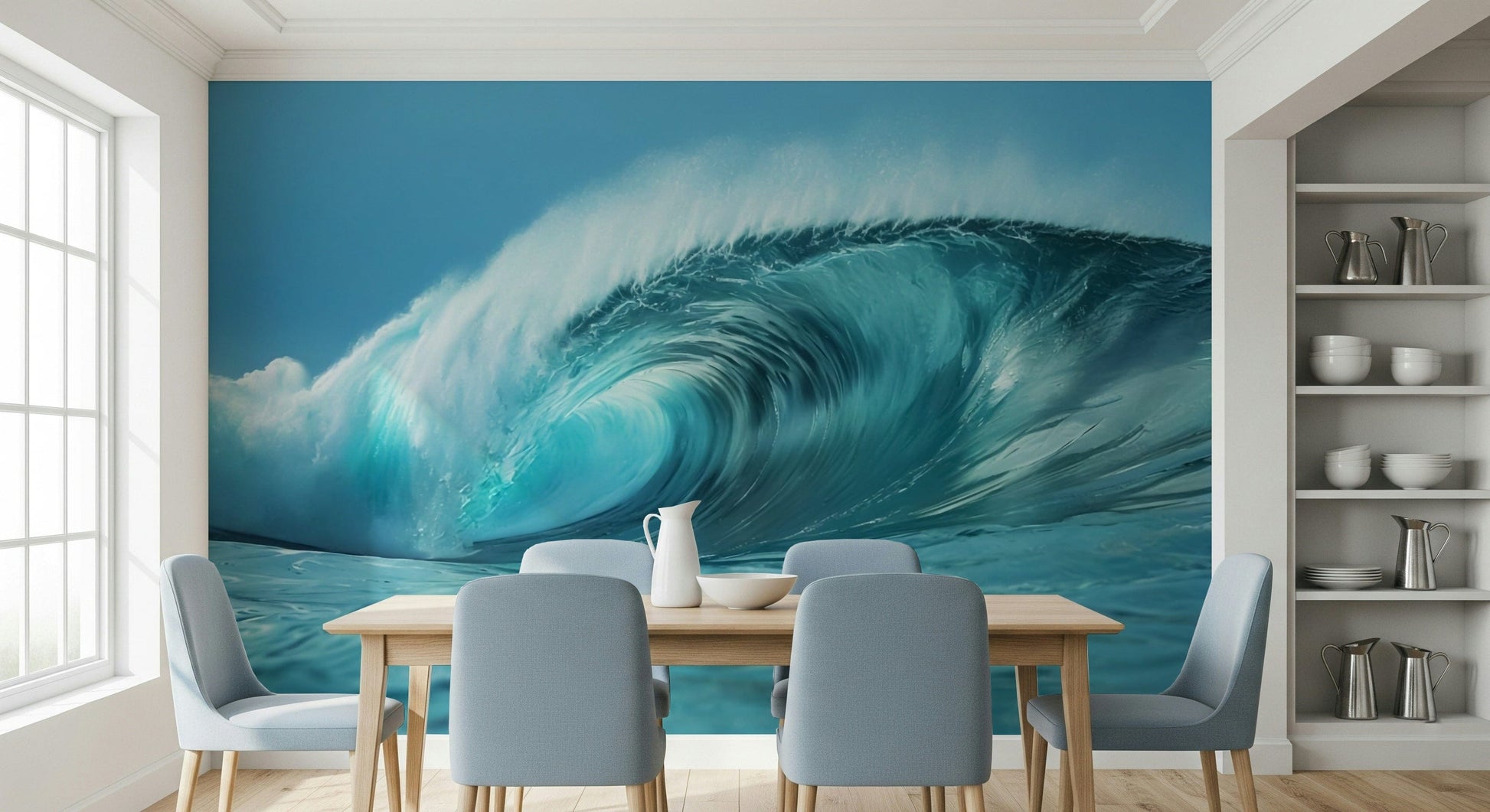 Blue ocean wave mural behind sofa, coastal home styling with neutrals