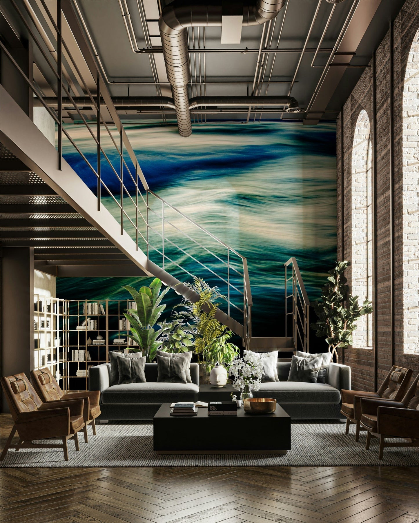 A calming water movement wallpaper mural that defines a space.

