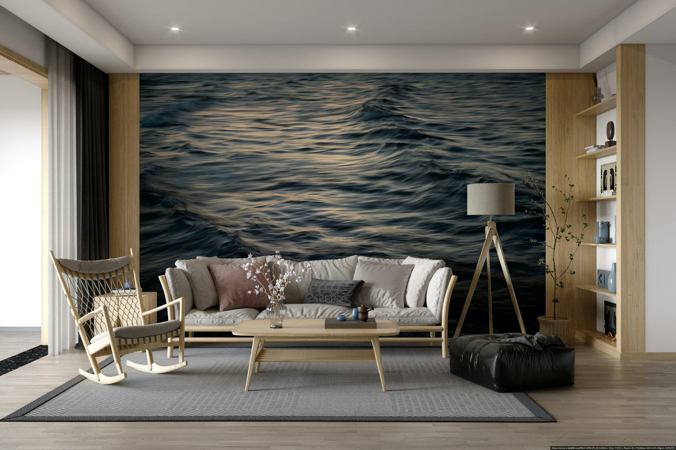 A living room with the ocean wave wall mural.

