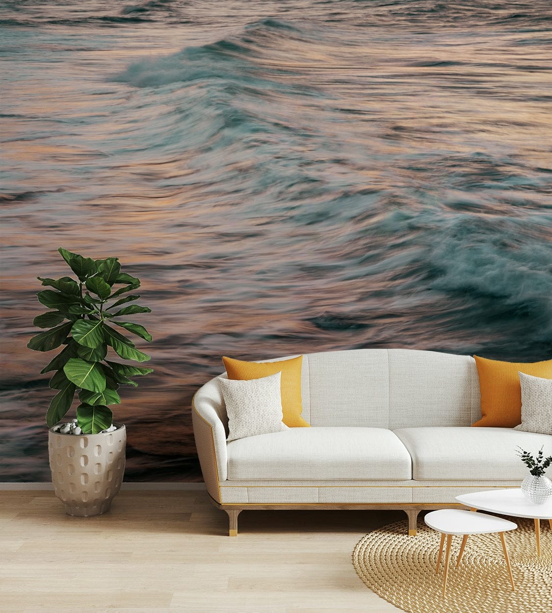 A minimalist home office with the abstract wave wallpaper.


