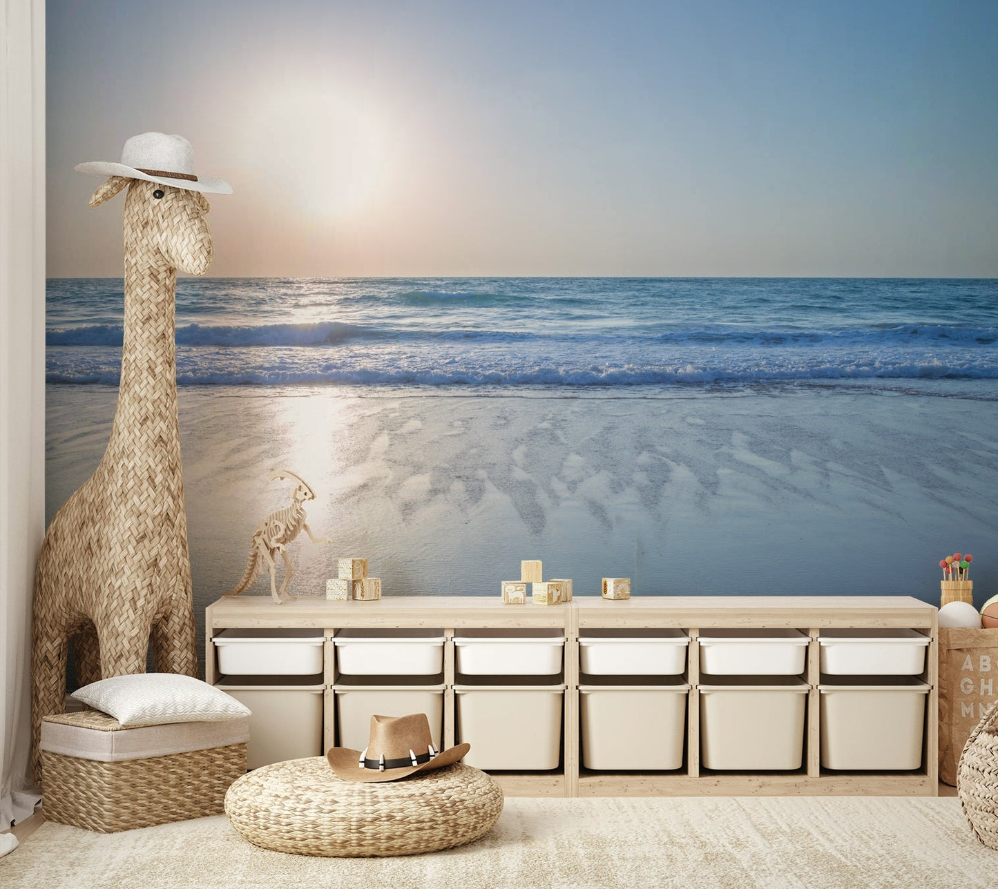 The mural is installed in a calm living room behind a simple, light-colored sofa.

