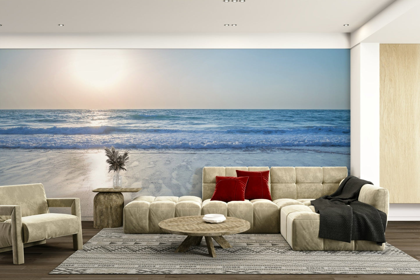 The mural extends across the entire wall, creating a clean backdrop.

