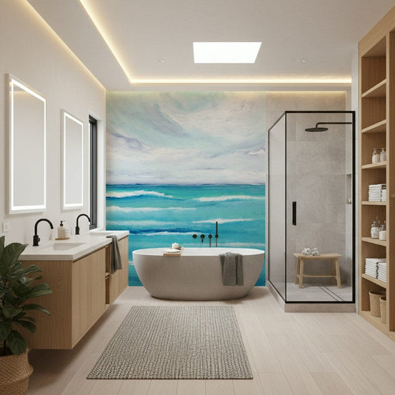 Ocean's Embrace landscape wallpaper mural of turquoise sea and sky behind a freestanding tub in a modern bathroom