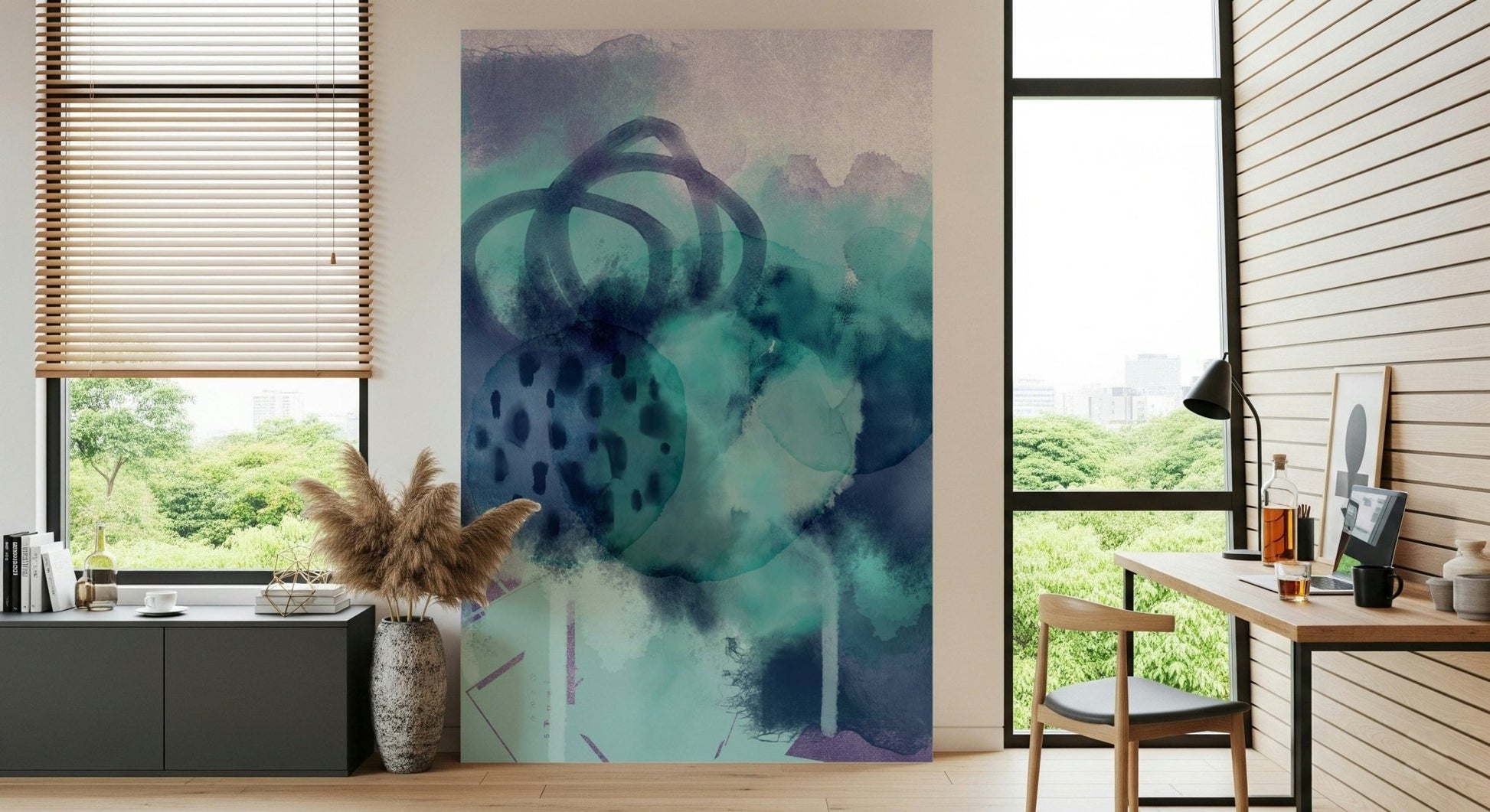 Ocean mural in hallway wall decor, airy coastal palette with blue gradients