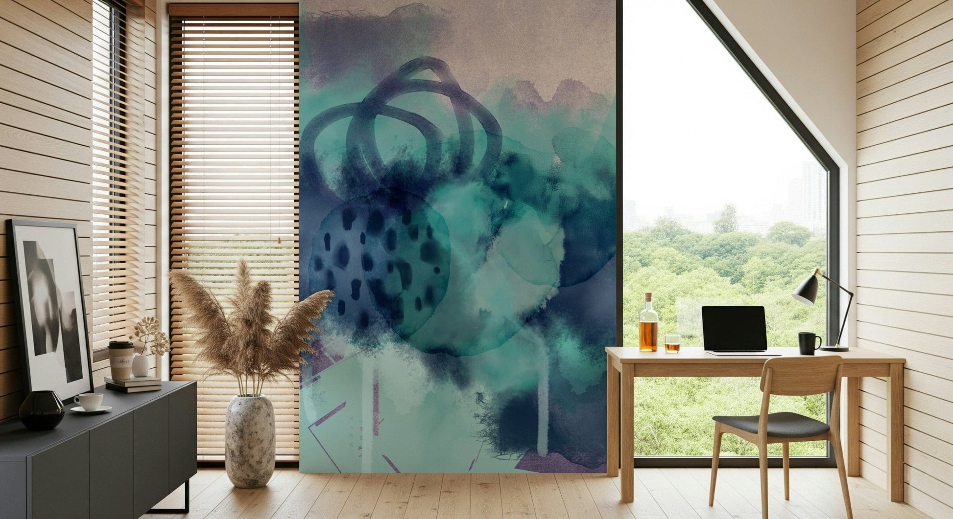 Dining room accent wall with ocean-themed wallpaper, minimalist coastal look