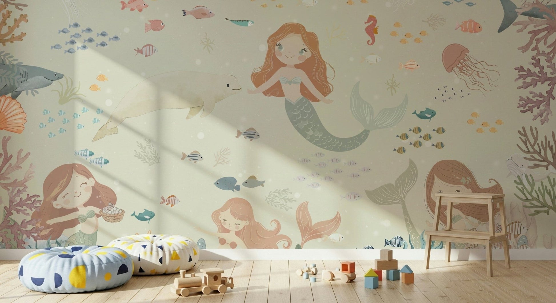Coastal bedroom wall mural with soft ocean gradient, modern decor and warm lighting