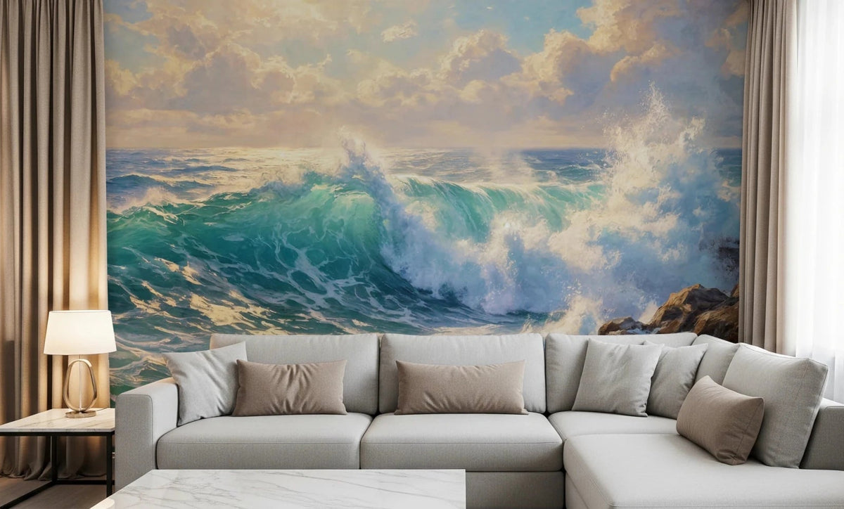 Ocean's Majesty wallpaper mural of a turquoise wave crashing under golden clouds above a grey sectional sofa