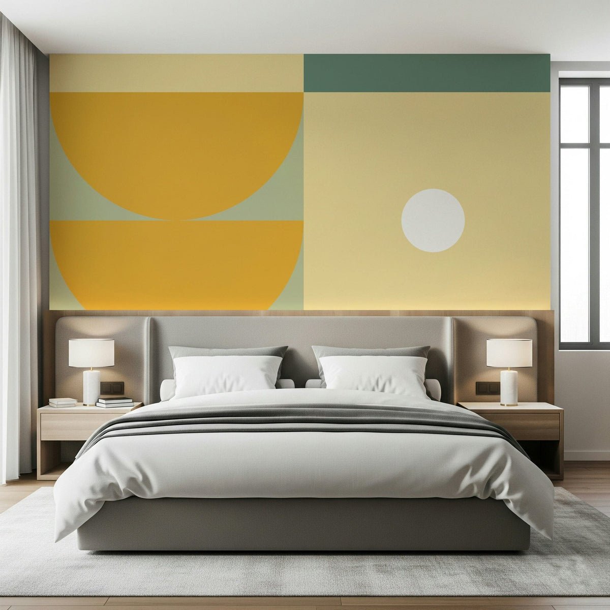 Ochre and Olive wallpaper mural with mustard semicircles and sage blocks in a bedroom behind a grey upholstered bed