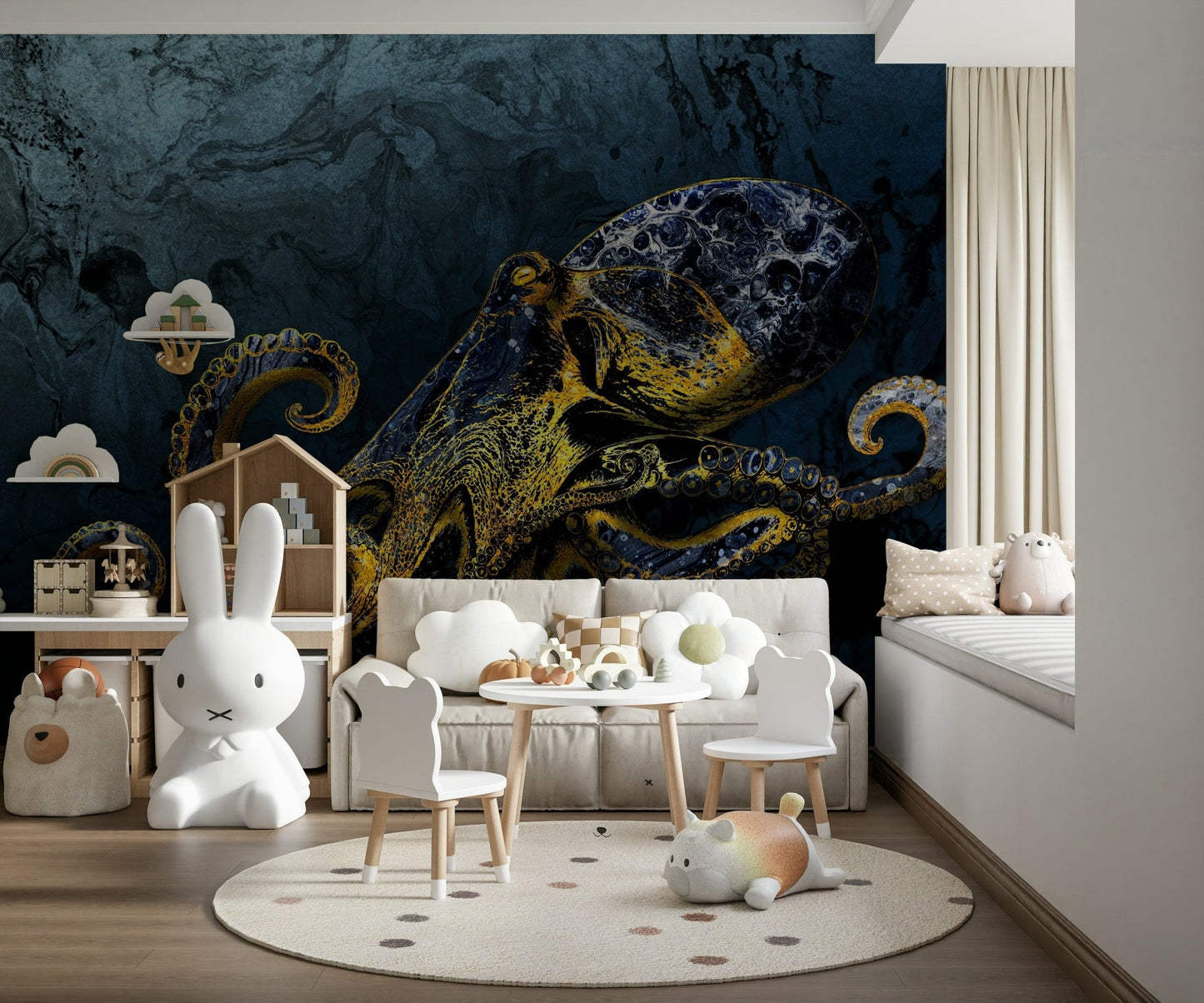 Dark ocean art Octopus Majesty wall covering unique texture.