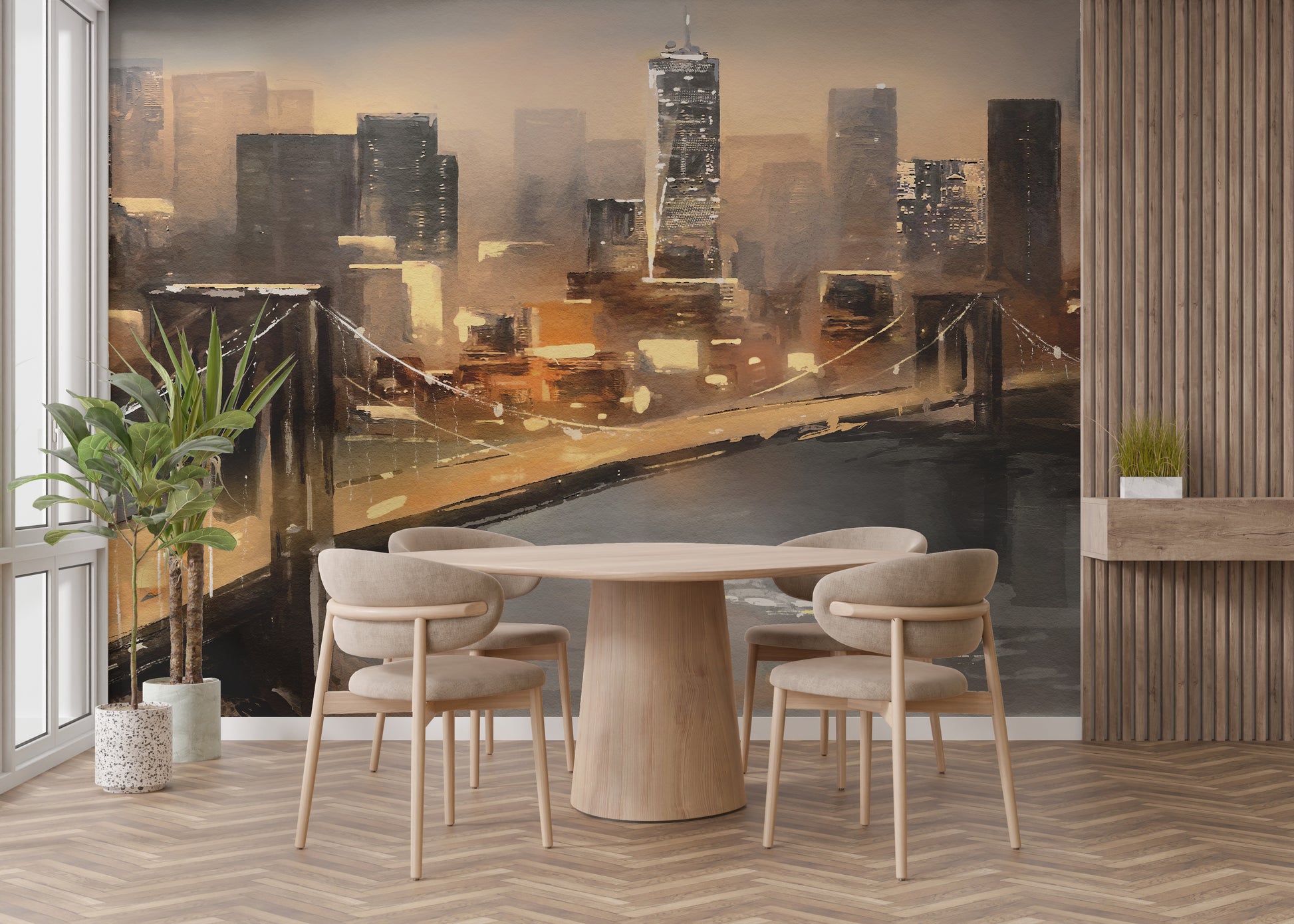 Oil-painted New York skyline with bridge and river view.