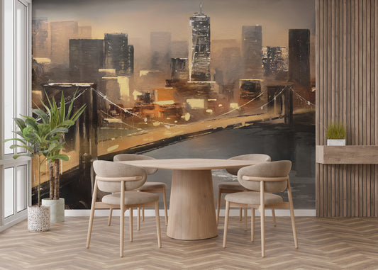 Oil-painted New York skyline with bridge and river view.