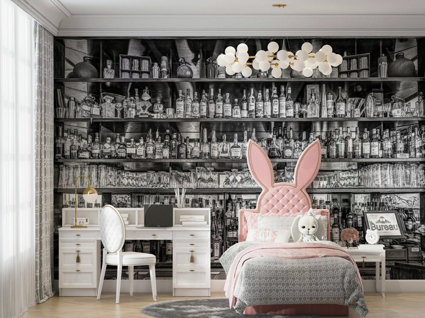 Grayscale bar mural with vintage liquor display

