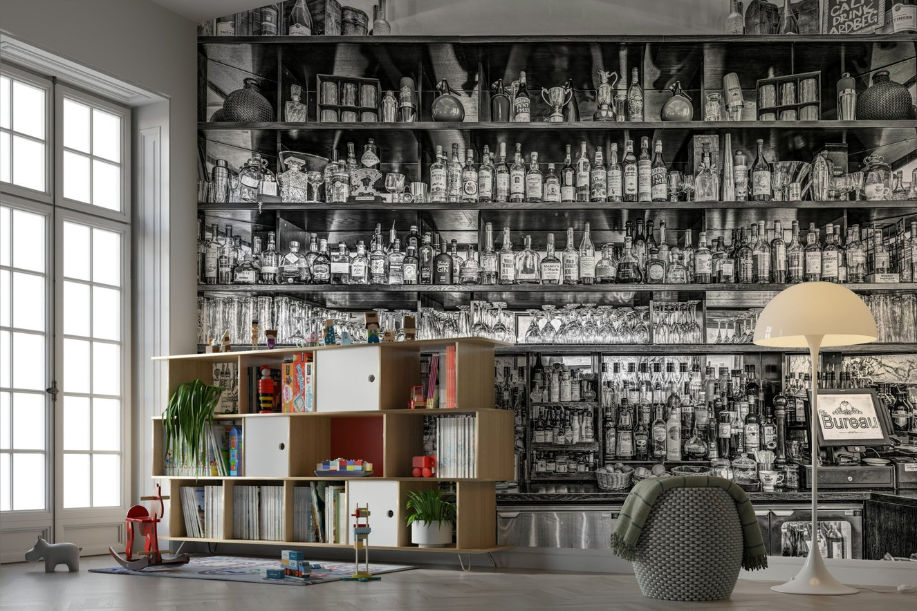 Black and white old bar wall mural with liquor bottles

