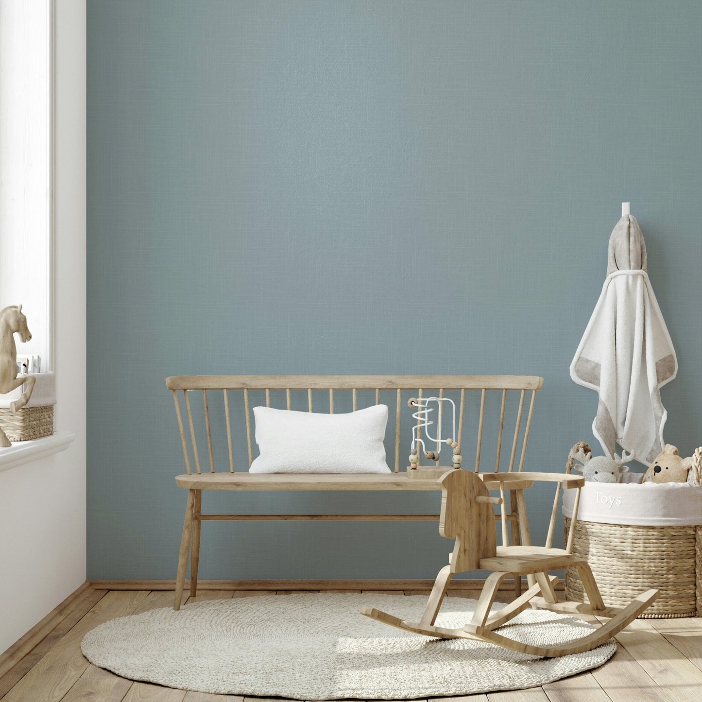 The wallpaper is installed in a modern, elegant living room.

