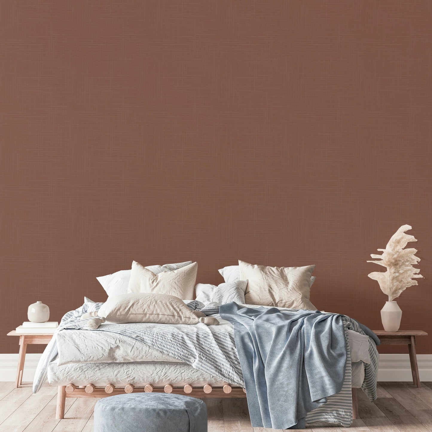 The wallpaper is installed in a modern, elegant living room.

