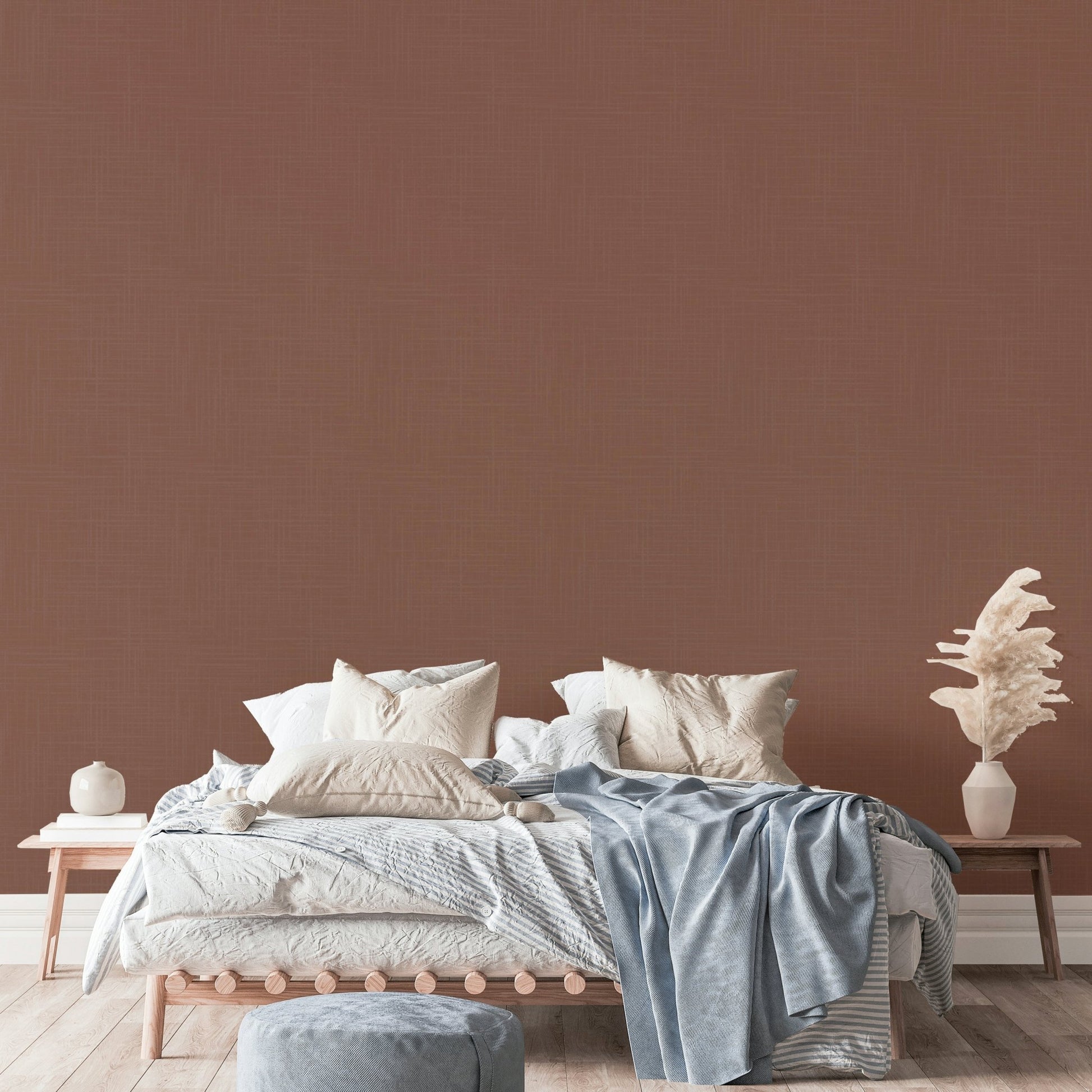 The wallpaper is installed in a modern, elegant living room.

