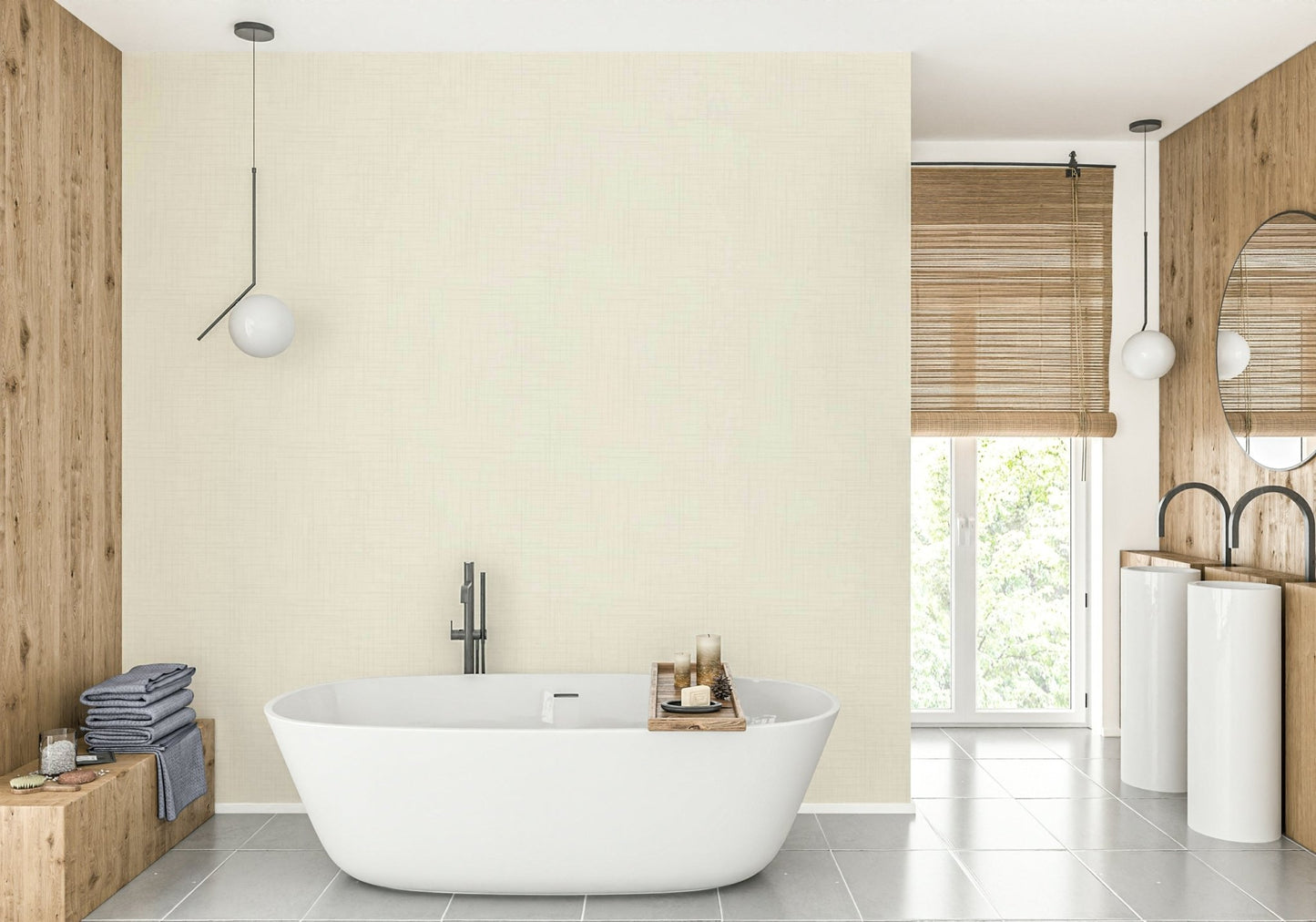 Old Canvas Cannoli Cream wallpaper in warm cream behind a white freestanding bath with globe pendant lights